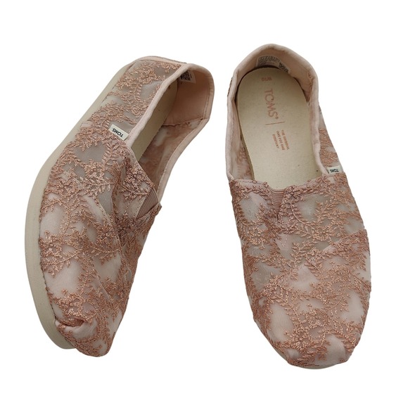 TOMS‎ Classic Coquette Fairy Womens Slip On Shoes Rose Gold Floral Lace Size 10 - Picture 1 of 10